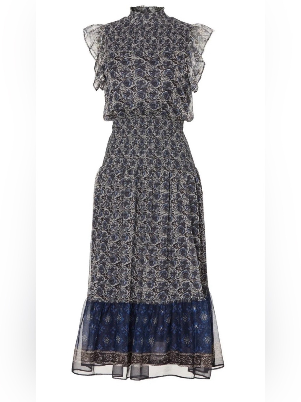 Aqua Navy Floral Smocked Midi Dress - Picture 2 of 4